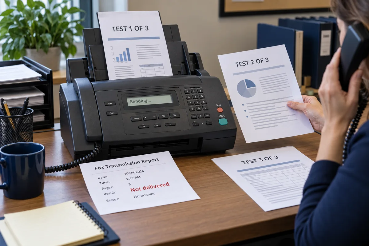 An office fax machine with pages waiting in its feeder and on the desk.