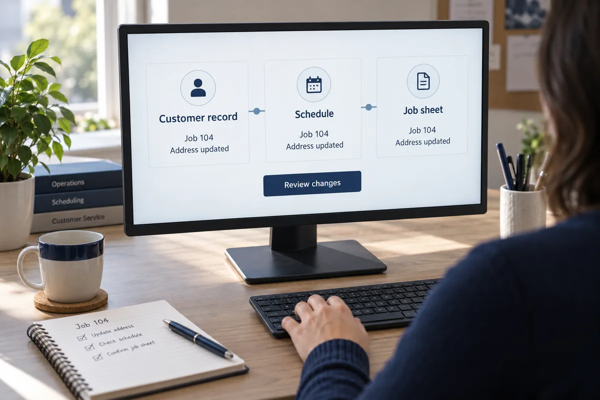 An illustrative sample workflow shows the same job correction in the customer record, schedule, and job sheet.