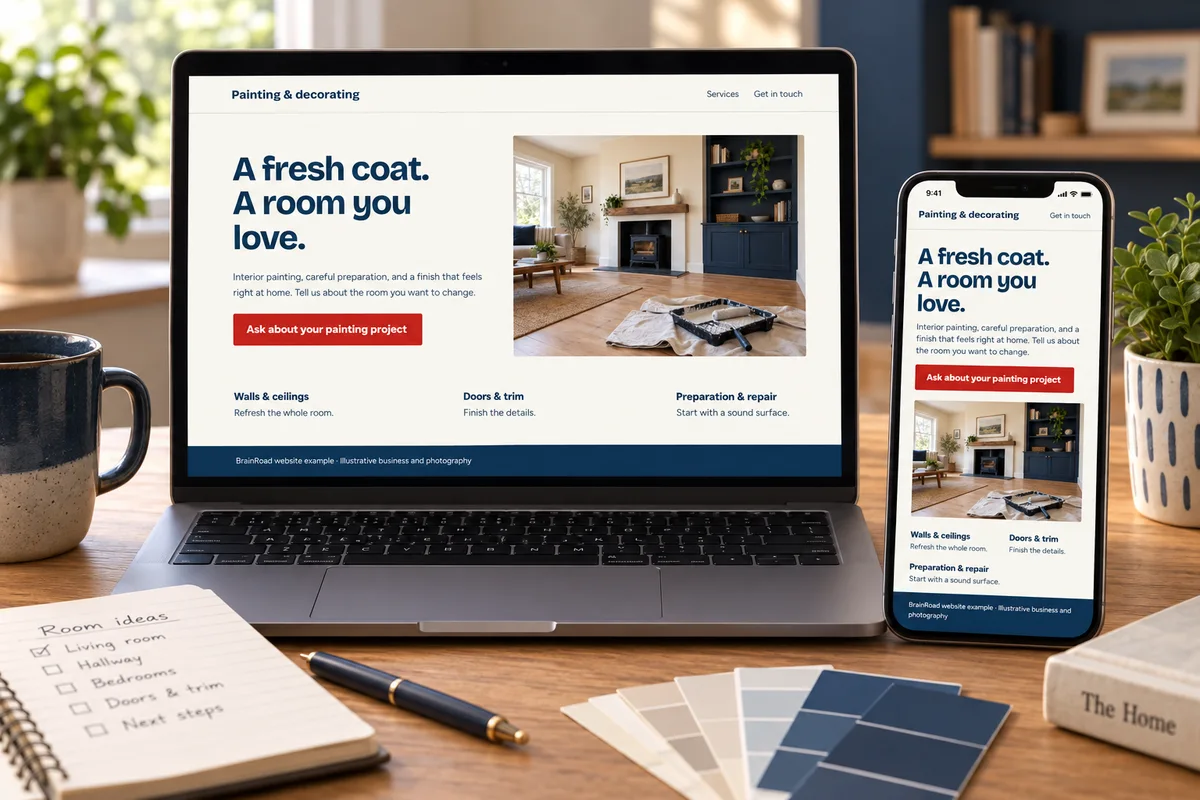 BrainRoad’s example painting-business website displayed on a laptop and phone, showing services and a clear contact action.