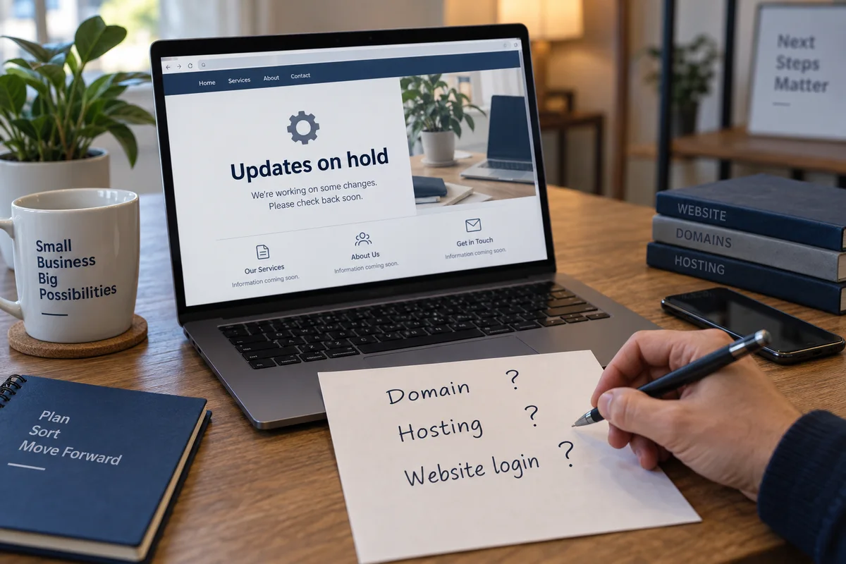 A website is waiting for updates beside a sample checklist asking who controls the domain, hosting, and website login.