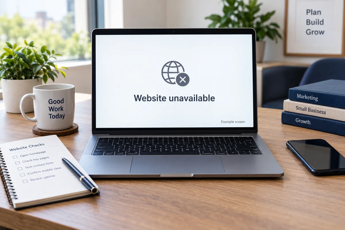 An example browser screen reads Website unavailable on a business laptop.